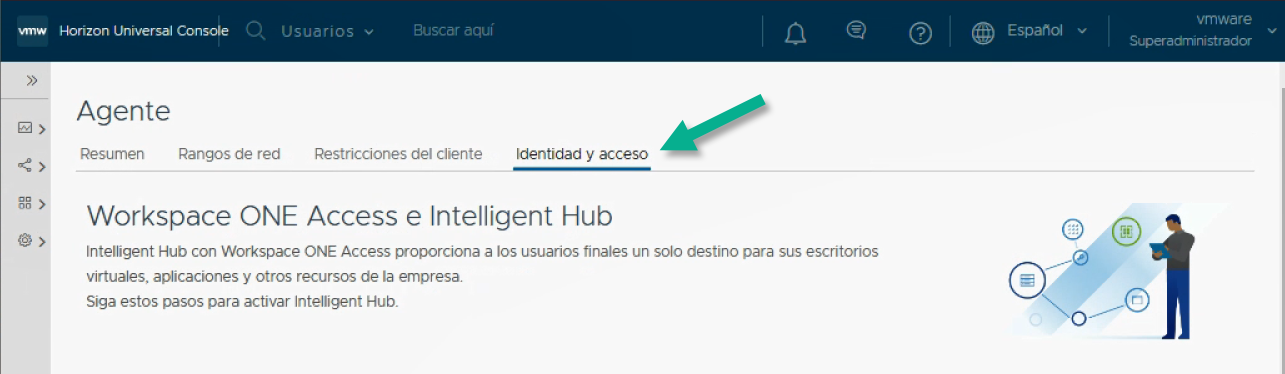 Captura de pantalla de lo que muestra la pestaña Identidad y acceso de la página Agente con una flecha verde que apunta a esa pestaña.