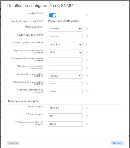 Cuadro de diálogo de detalles de configuración de SNMP con los ajustes configurados