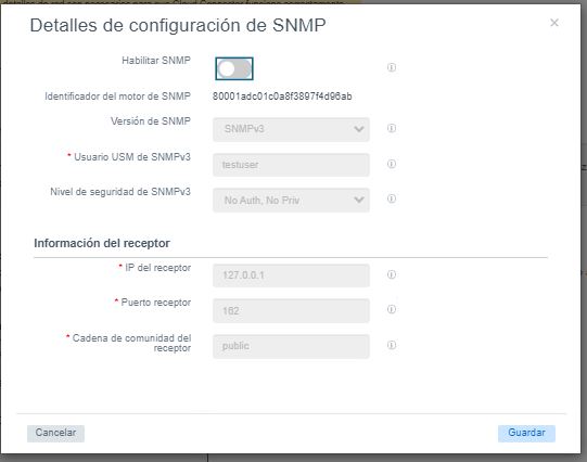 Cuadro de diálogo de detalles de configuración de SNMP en su estado predeterminado inicial