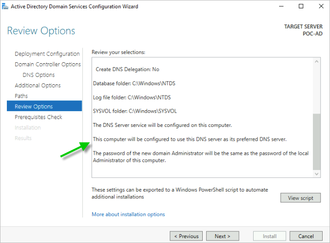 Captura de pantalla de la pantalla Revisar opciones, con una flecha verde que apunta hacia el texto que indica que el equipo se configurará para utilizar este servidor DNS como su servidor DNS preferido.