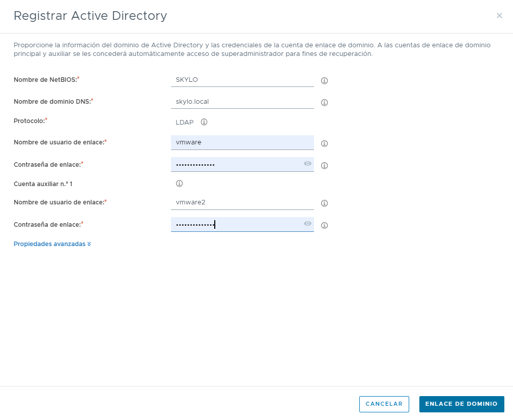 Captura de pantalla que muestra la ventana Registrar dominio de Active Directory, con nuestros valores de PoC introducidos en los campos.