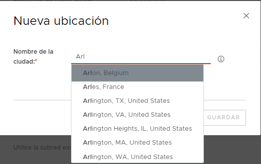 Captura de pantalla que muestra el campo Nombre de la ciudad y las letras iniciales "Arl".