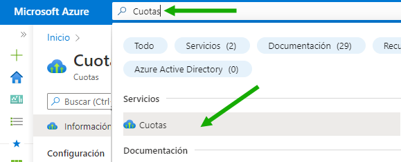 Captura de pantalla que muestra la barra de búsqueda en el portal de Azure, donde se busca la palabra "cuota". También se muestran resultados de la búsqueda, entre los que aparece el icono Cuotas.