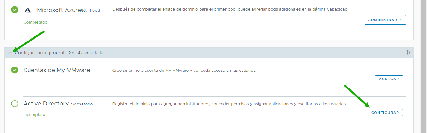 Captura de pantalla que muestra la sección Configuración general expandida, la fila Active Directory y el botón Configurar, con flechas verdes que apuntan hacia cada uno de estos elementos.