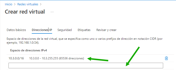 Captura de pantalla que muestra el valor 10.0.0.0/23 introducido en el campo Espacio de direcciones IPv4. El rango se muestra al hacer clic en el espacio que queda debajo del valor.