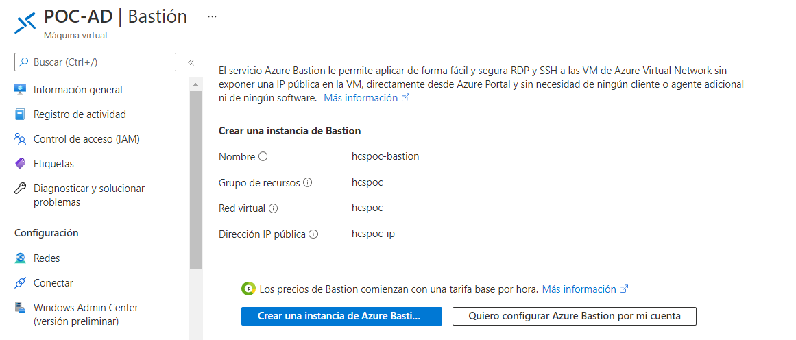 Captura de pantalla de ejemplo de los elementos que aparecen en el portal tras hacer clic en Conectar > Bastion para la máquina virtual.