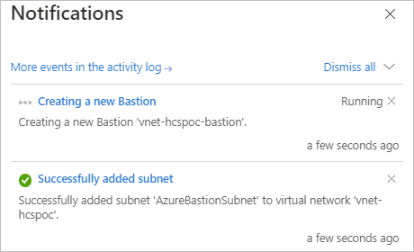Captura de pantalla que muestra las notificaciones que emitió el portal de Azure cuando realizamos el paso de Implementar bastión.