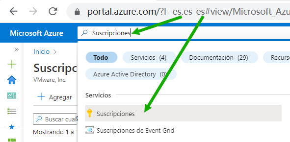 Captura de pantalla que muestra la barra de búsqueda en el portal de Azure, donde se busca la palabra "suscripciones". También se muestran resultados de la búsqueda, entre los que aparece el icono Suscripciones.