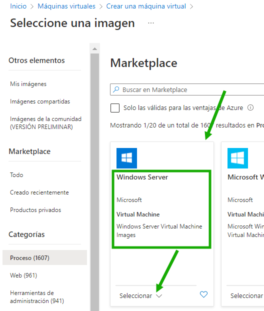 Captura de pantalla que muestra el panel Seleccione una imagen del portal de Azure, con el mosaico de Windows Server visible y flechas verdes que apuntan hacia el mosaico y su menú Seleccionar.