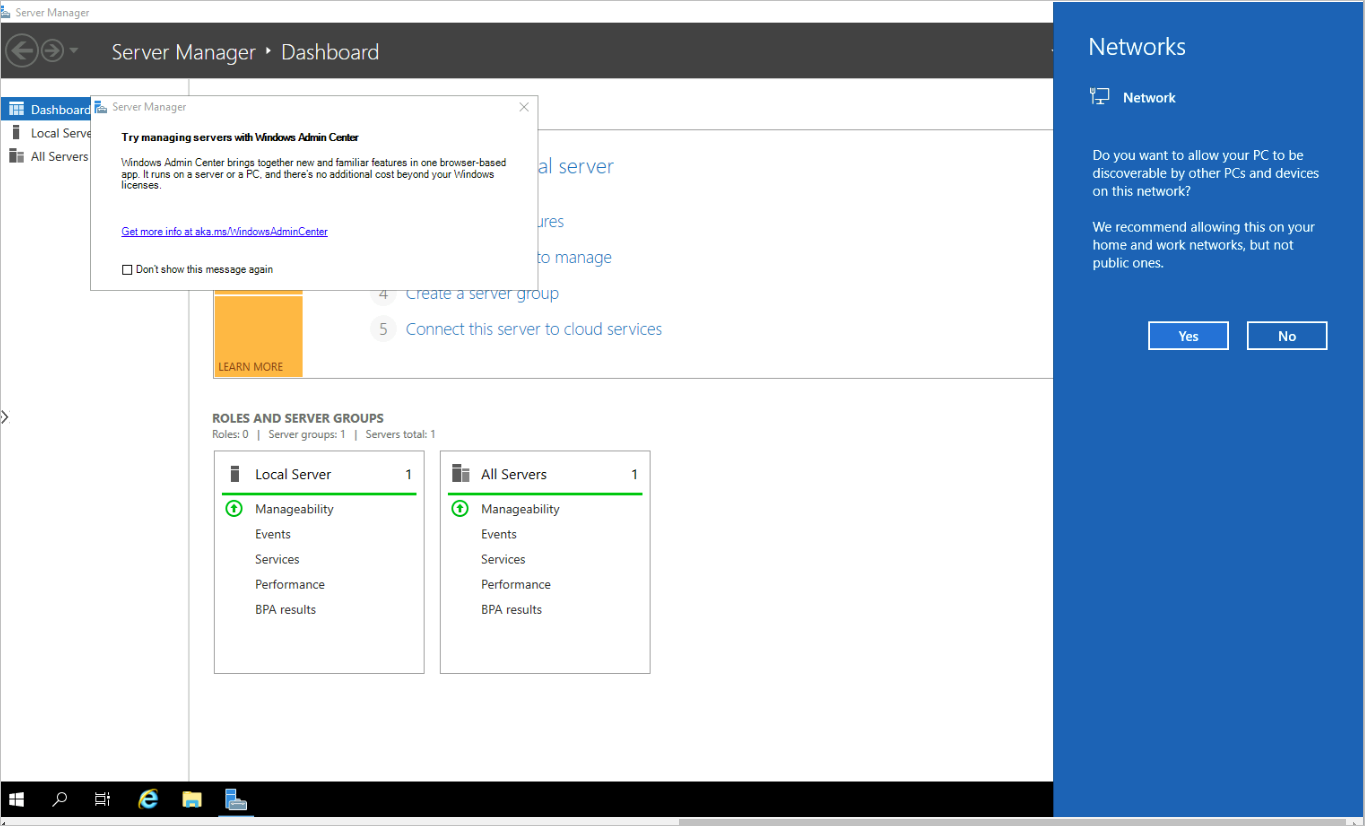 Captura de pantalla que muestra el escritorio inicial Windows Server 2019 tras conectar con la máquina virtual.