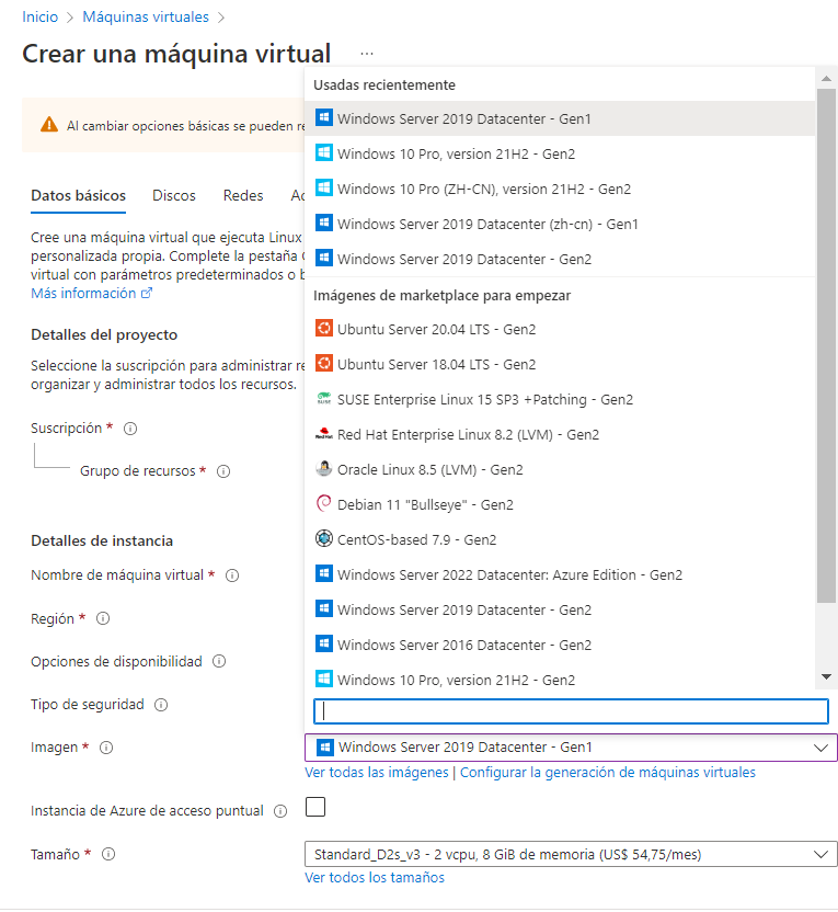 Captura de pantalla de las opciones de Windows Server tras hacer clic en Seleccionar en el mosaico de Windows Server del panel Seleccione una imagen.