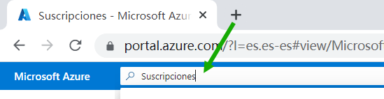 Captura de pantalla del campo de búsqueda del portal de Azure con la palabra Suscripciones escrita.