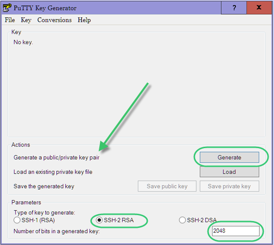 Captura de pantalla de la ventana del generador de claves de PuTTY, con flechas verdes que señalan a los puntos clave.