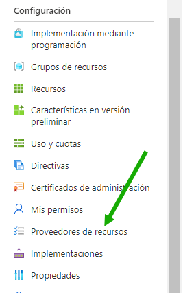 Captura de pantalla que muestra la ubicación de Proveedores de recursos en el menú.