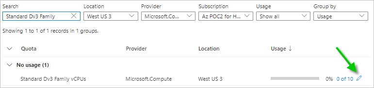 Captura de pantalla que muestra la cuota de la familia Dv3 estándar en la ubicación West US 3, con una flecha verde que apunta al icono de lápiz junto a la cifra de la cuota.