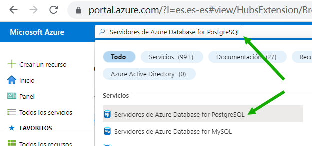 Captura de pantalla que muestra la barra de búsqueda del portal de Azure mientras se busca "servidores de Azure Database for PostgreSQL".