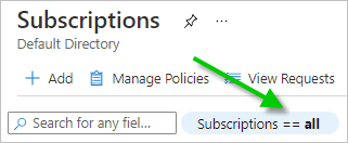 Captura de pantalla del filtro Suscripciones en el panel Suscripciones del portal de Azure, donde se muestra que el filtro está establecido en todas.