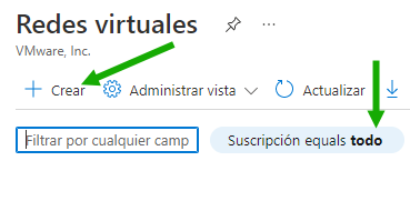 Captura de pantalla que muestra el panel Redes virtuales del portal de Azure, con flechas verdes que apuntan al filtro Suscripción y al botón Crear.