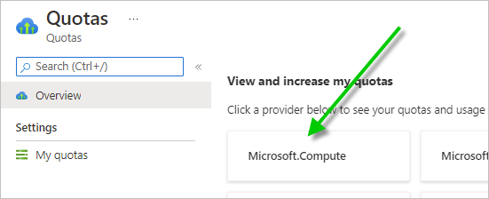 Captura de pantalla que muestra el mosaico de Microsoft.Compute en el panel Cuotas con una flecha verde que apunta a ese mosaico.