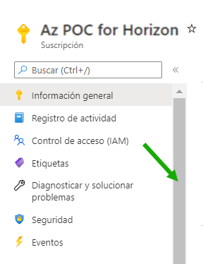 Captura de pantalla que muestra la barra de desplazamiento del panel de la suscripción específica en el portal de Azure.