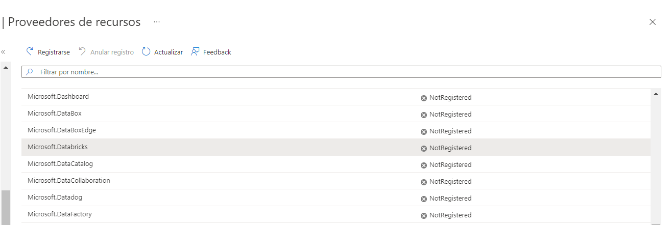 Captura de pantalla del panel Proveedores de recursos en el portal de Azure.