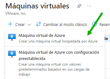 Captura de pantalla que muestra el menú Crear y una flecha verde que apunta a la opción Máquina virtual de Azure.