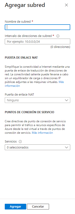 Captura de pantalla que muestra la interfaz de usuario de Agregar subred del portal de Azure.