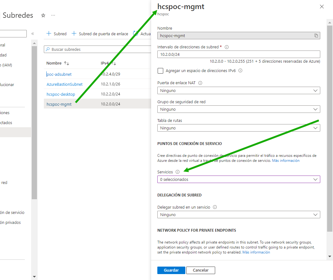 Captura de pantalla que muestra la interfaz de usuario de detalles de la subred hcspoc-mgmt que aparece en el portal al hacer clic en dicha subred. También se muestra una flecha verde, que apunta al menú Endpoints de servicio del siguiente paso.