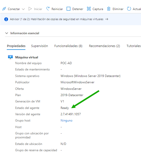 Captura de pantalla que muestra el estado Listo del agente de la máquina virtual.