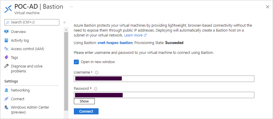 Captura de pantalla que muestra la interfaz de usuario del portal de Azure para conectar con nuestra máquina virtual de Active Directory a través de Bastion con las credenciales de administrador de la máquina virtual.