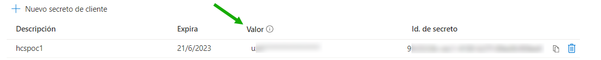 Captura de pantalla que muestra la línea de nuestro secreto de cliente, con flechas verdes que apuntan a la columna Valor en la que se mostrará este dato.