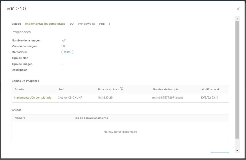 Página de detalles de la versión de la imagen con información resaltada