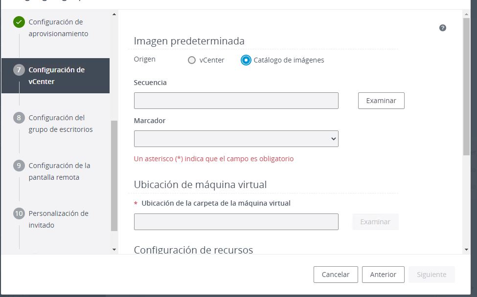 Página Configuración de vCenter del asistente para agregar granjas en Horizon Console