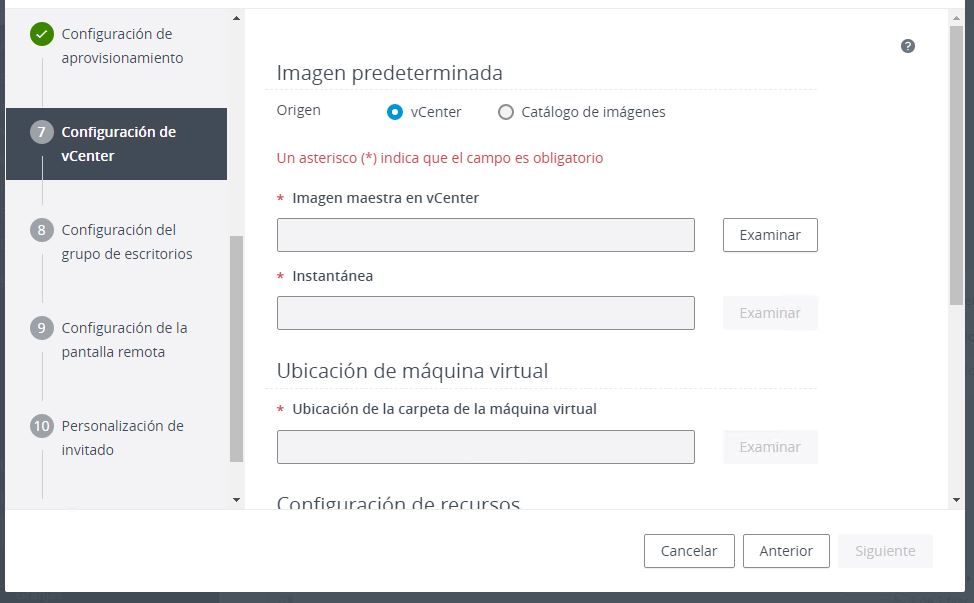 Página Configuración de vCenter en el asistente para agregar grupos de escritorios en Horizon Console