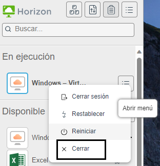 Haga clic en Cerrar para desconectarse sin cerrar sesión