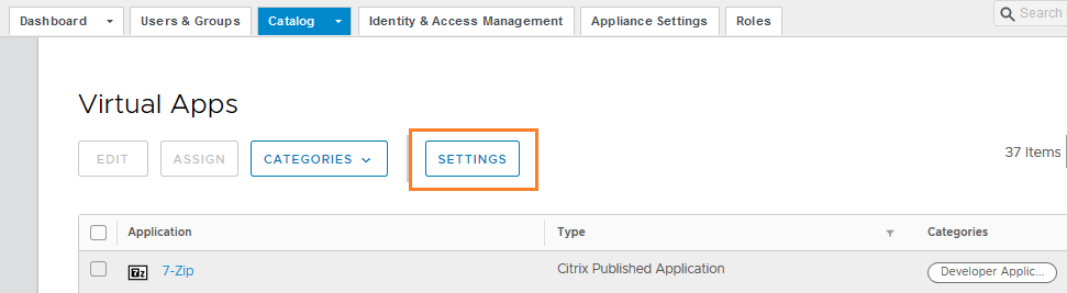 Botón de configuración en la página Catálogo - Aplicaciones virtuales