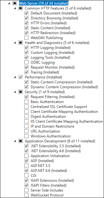 Captura de pantalla de las selecciones de servidor web
