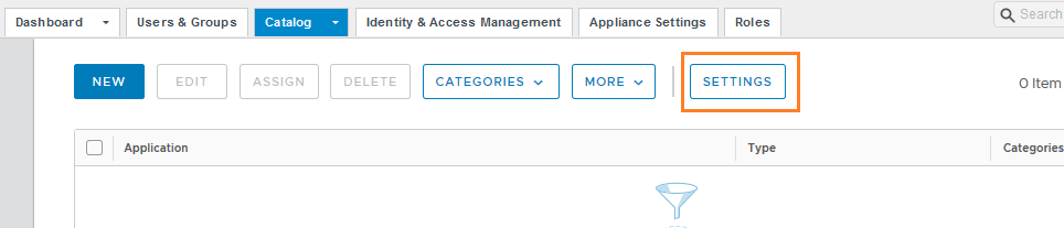 Botón de configuración en la página Catálogo - Aplicaciones web