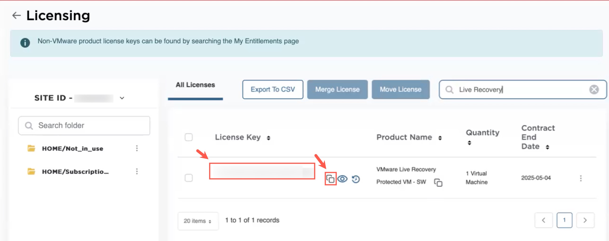 La página de licencias permite copiar la clave de licencia para VMware Recovery.