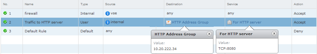 El origen de la regla son todas las interfaces internas de una instancia de NSX Edge. El destino de la regla es un grupo de servidores HTTP. El servicio es el puerto TCP 8080.