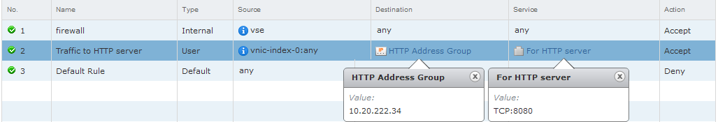 El origen de la regla es la interfaz de vNIC de una instancia de NSX Edge. El destino de la regla es un grupo de servidores HTTP. El servicio es el puerto TCP 8080.