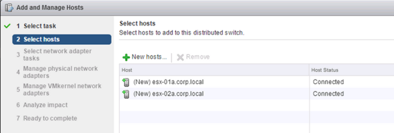 Página Seleccionar hosts (Select Hosts) con dos hosts agregados desde el clúster de administración.