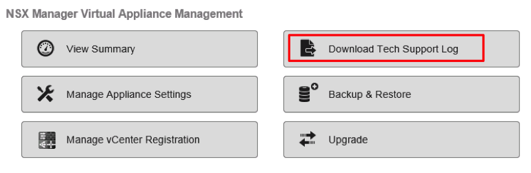 La pestaña Descargar registro de soporte técnico (Download Tech Support Log) está resaltada en la interfaz de usuario de NSX Manager.