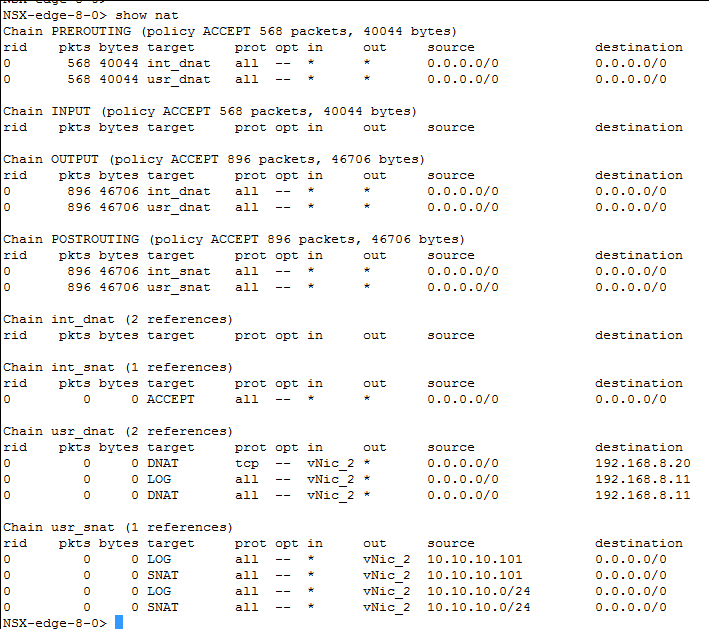 Ejemplo de resultado del comando show nat de la CLI de Edge.