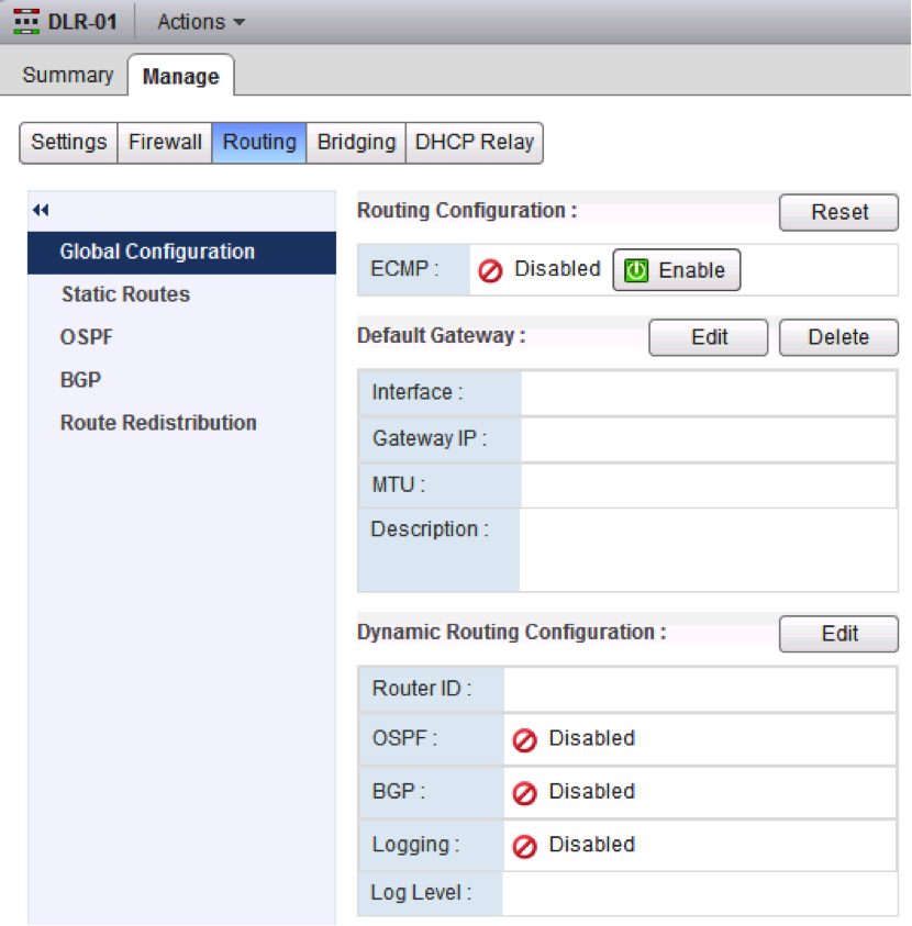 El panel Configuración de enrutamiento dinámico (Dynamic Routing Configuration) muestra que el registro no está habilitado en el DLR.