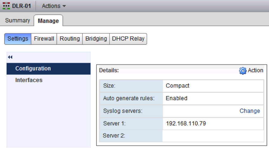 Los detalles de configuración del servidor de Syslog muestran la dirección IP del servidor como 192.168.110.79.