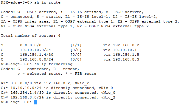 Ejemplo de salida de los comandos show ip route y show ip forwarding de la CLI de Edge.