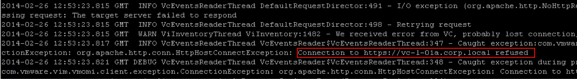 Error que indica que se rechazó la conexión con vCenter Server.