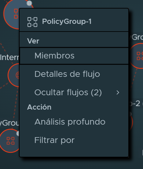 Menú contextual que aparece después de hacer clic con el botón secundario en un nodo de grupo. El contenido adyacente describe los elementos del menú.