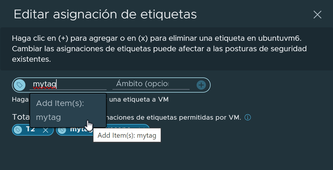 Cuadro de diálogo Editar asignación de etiquetas con una nueva etiqueta seleccionada para su asignación.